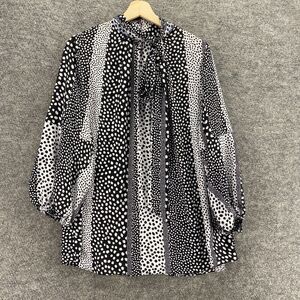 New Ashley Stewart Blouse Women 10/12 Black Polka Dot High Neck 3/4 Sleeve